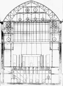 Transverse section of a French-system stage with a closed décor