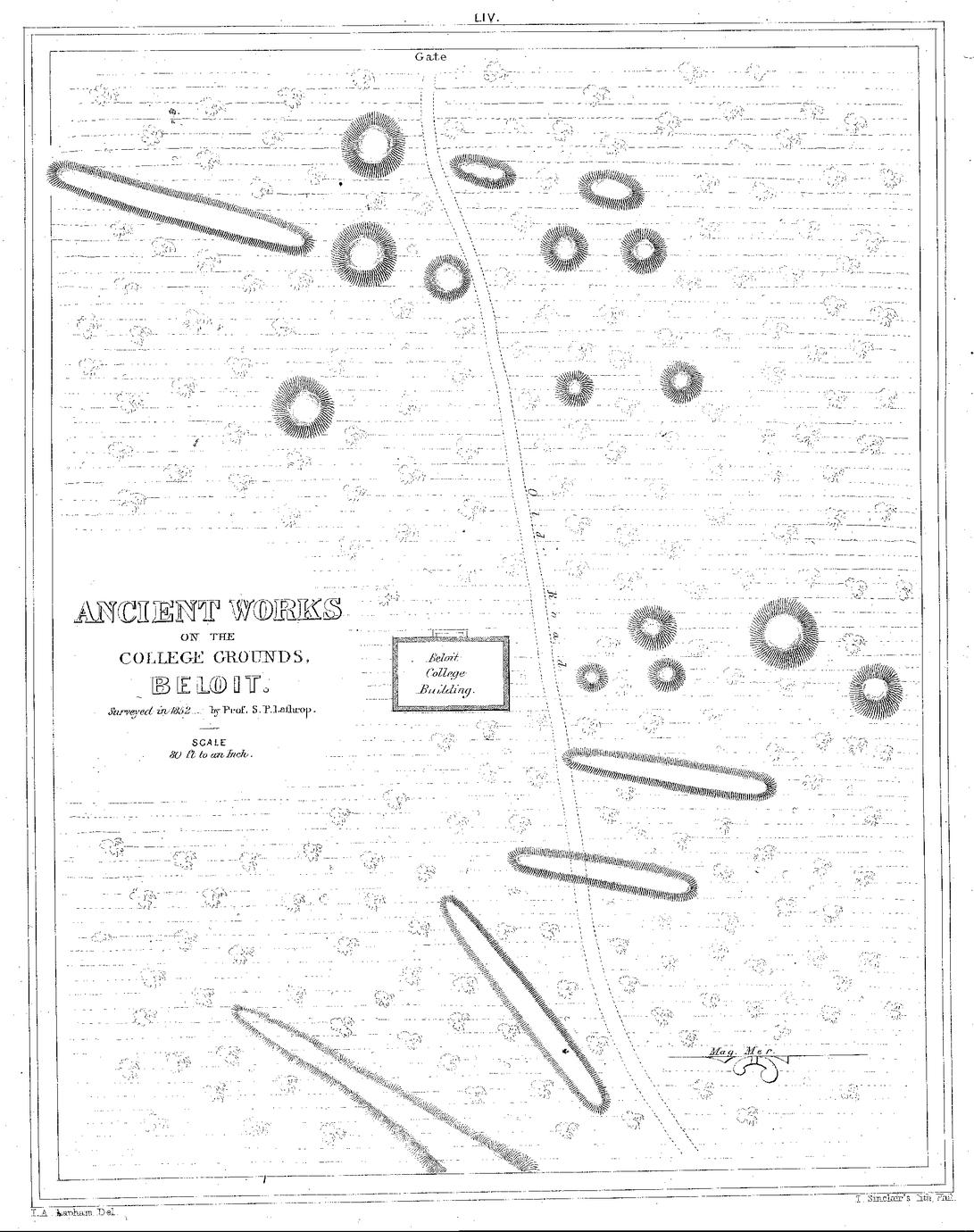 LIV. Ancient Works on the College Grounds, Beloit. Surveyed in 1852&mdash;by Prof. S. P. Lathrop. Scale 80 ft to an Inch.