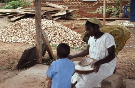Woman and child collecting gari