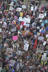 Overhead shot of protestors with various signs