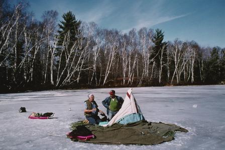 Jim Leary and John Snow discuss ice-fishing on Sugarbush Lake