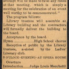 Newspaper announcement of Wausau Library opening 1907