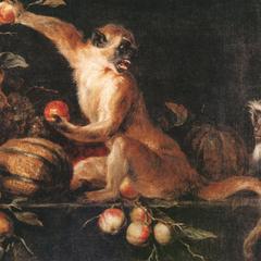 Detail from Monkey and parakeet by a basket of fruit