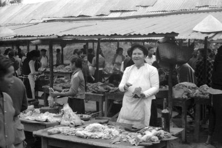 Vietnamese woman selling meat at morning market, Vietnamese-style hat on corrugated tin roof in background