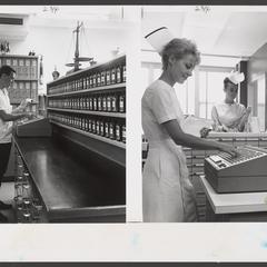 Two photos depict pharmacy staff and nurses at work
