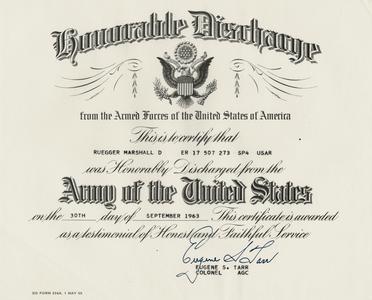 Marshall Ruegger's honorable discharge certificate