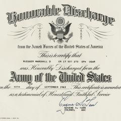 Marshall Ruegger's honorable discharge certificate