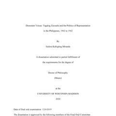 Dissonant Voices: Tagalog Zarzuela and the Politics of Representation in the Philippines, 1902 to 1942