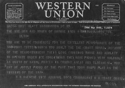 Western Union telegram to Marine Iron & Shipbuilding