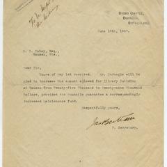 Letter affirming that Carnegie will increase funding for the Wausau Free Public Library, 1907