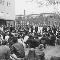 Group of students in downtown Green Bay protesting the Vietnam War and Kent State riot/shootings
