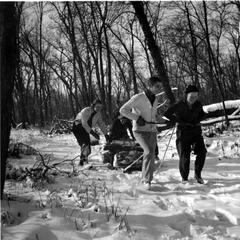Starker, Betty, Nina, and Carl Leopold pulling wood sled