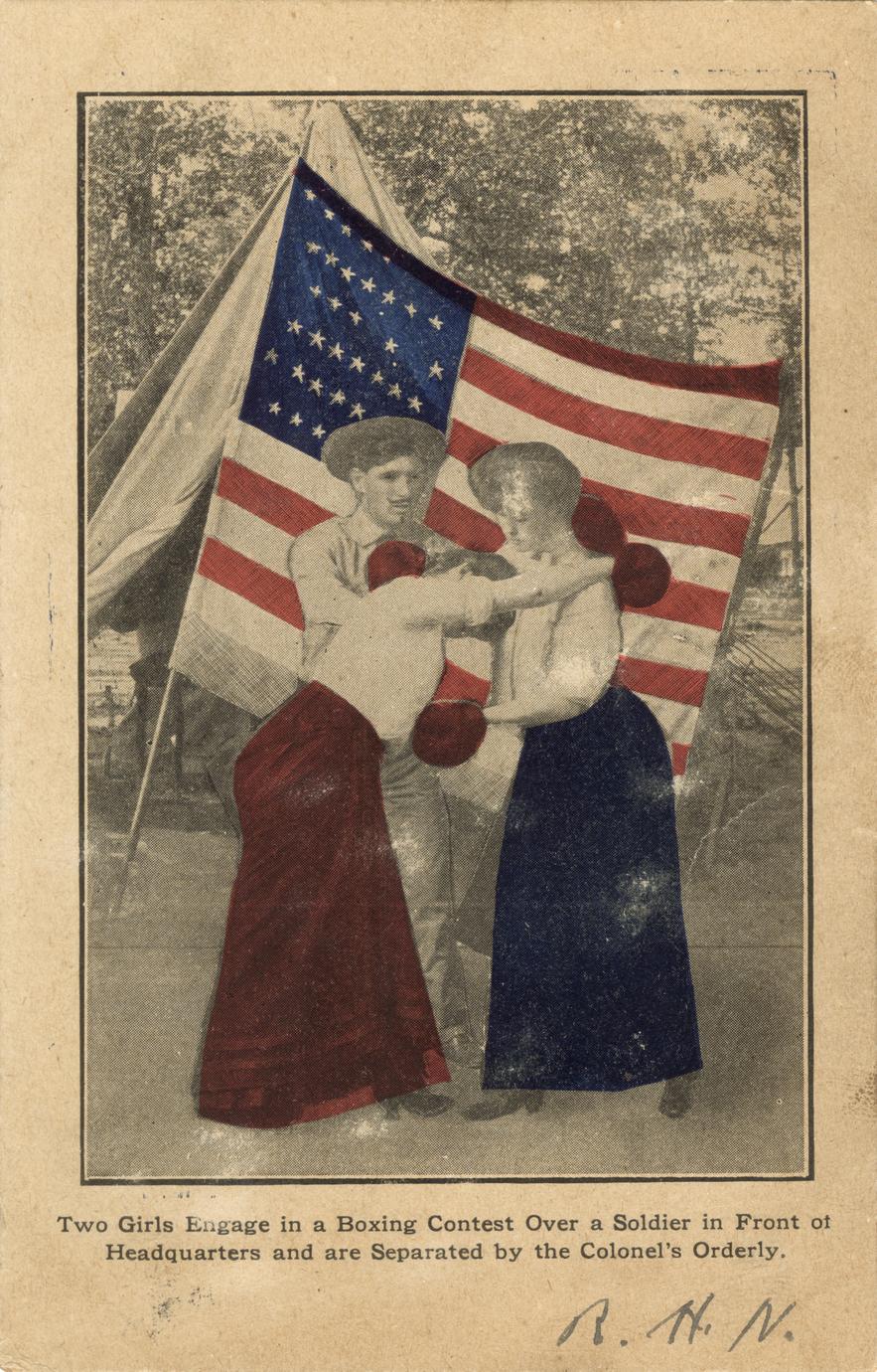 'Boxing contest over a soldier' postcard (1 of 2)