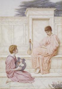 Two Ladies Playing Musical Instruments on a Marble Terrace
