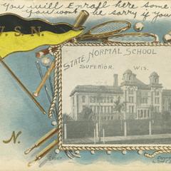 Postcard of State Normal School with banner