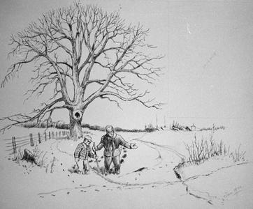Man and boy knee-deep in snow in front of large tree with houses and barn in the background