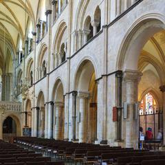 Chichester Cathedral nave arcade, tribune, and clerestory