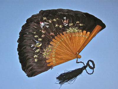 Feather fan with hand painted birds