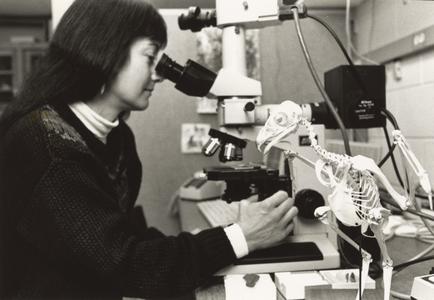 Claudia Barreto at microscope