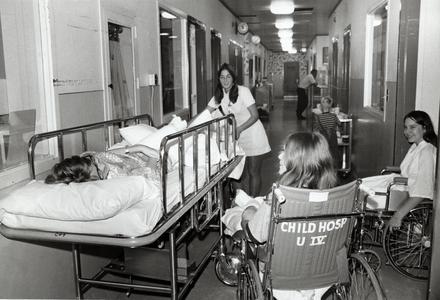Children's hospital patients in the hallway