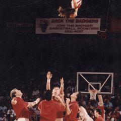 UW cheerleaders perform at a basketball game