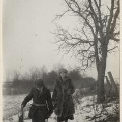 Starker and Estella rabbit hunting in snow, Verona Stone Quarry, Dane County, Wisconsin, December 1925
