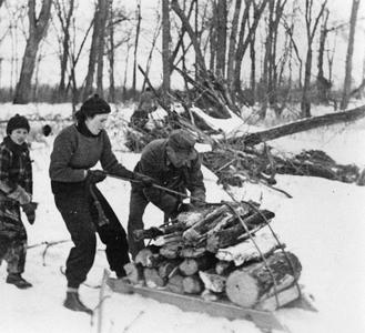 Estella, Nina, and Aldo Leopold loading sled with firewood