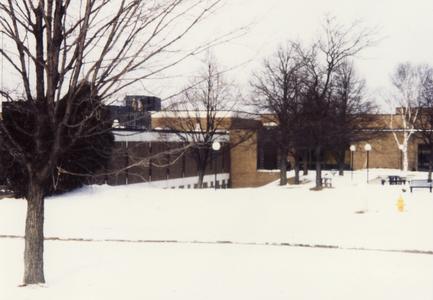 Campus courtyard covered in snow