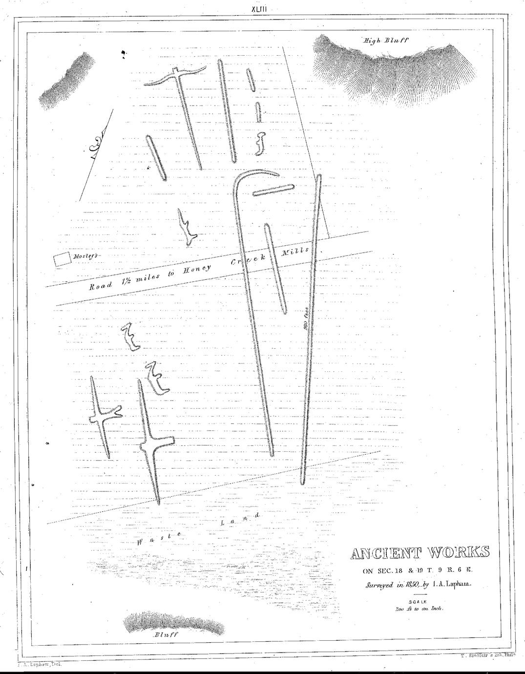 XLIII. Ancient Works on Sec. 18 & 19 T. 9 R. 6 E. Surveyed in 1850,&mdash;by I. A. Lapham. Scale 200 ft to an Inch.
