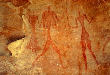 Petroglyph : Three Thin Human Figures With Staffs
