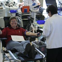 Sandy Neumann at the blood drive, University of Wisconsin--Marshfield/Wood County, 2014