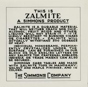 Simmons advertisement for Zalmite durable tabletops
