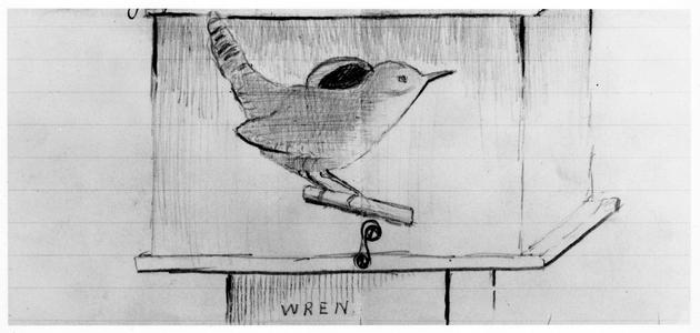 "Wren," original drawing of house wren by young AL, ca. 1900
