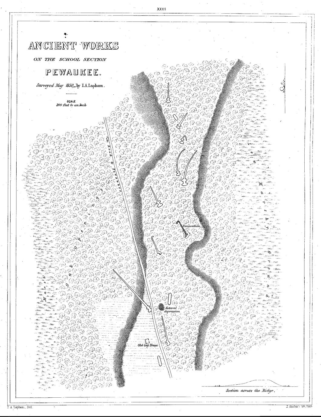 XXIII. Ancient Works on the School Section, Pewaukee. Surveyed May 1850,&mdash;by I. A. Lapham. Scale 300 feet to an Inch