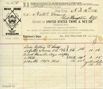 Bill from United States Twine & Net Co. to Nathaniel Dominy VII, 1886