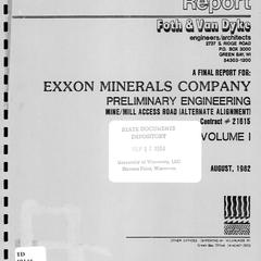 Preliminary engineering : mine/mill access road (alternate alignment) : a final report for Exxon Minerals Company, contract #21615