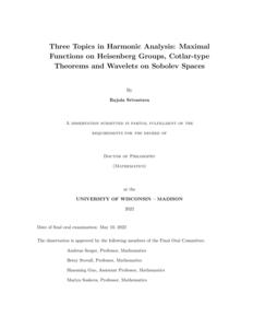 Three Topics in Harmonic Analysis: Maximal Functions on Heisenberg Groups, Cotlar-type Theorems and Wavelets on Sobolev Spaces
