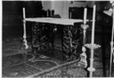 Altar made from communion rail donated by the children of John B. Rose and Adele VandenPlas