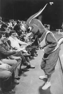 Phoenix mascot with fans at the Brown County Veterans Memorial Arena