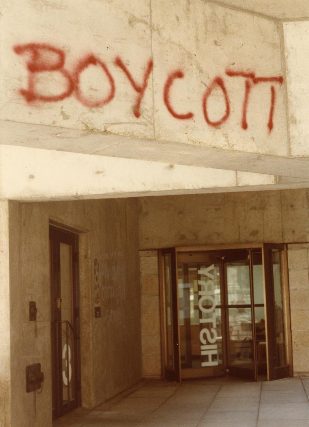 "Boycott" graffiti in front of History Department entrance