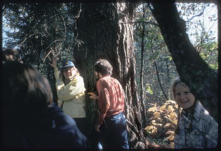 Evelyn Howell in front of large white pine, McDougal Springs