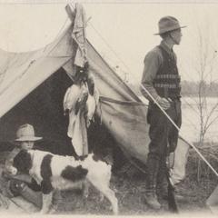 Christmas canoe trip camp, Starker, "Flick" and Fritz in front of tent, December 1921