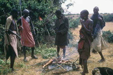 Samburu Men Cooking Meat of a Cow Killed with Spears
