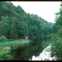 View of a river, forested cliff, and a wetland
