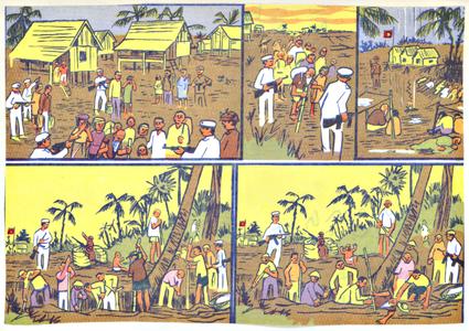 Propaganda leaflets showing villagers forced to labor for the Pathet Lao