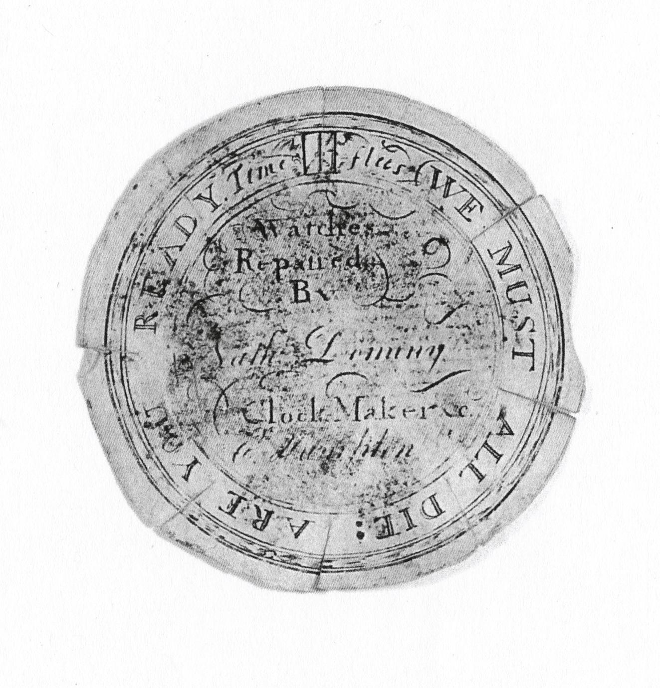 Black and white photograph of the watch paper of Nathaniel Dominy IV.