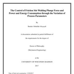 The Control of Friction Stir Welding Plunge Force and Power and Energy Consumption through the Variation of Process Parameters