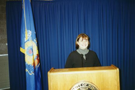 Stout Student Association, Jen Kempel standing at podium
