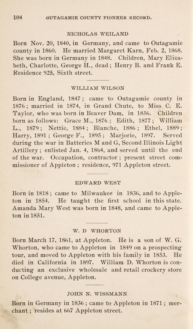 Record of the pioneers of Outagamie County, Wisconsin also an