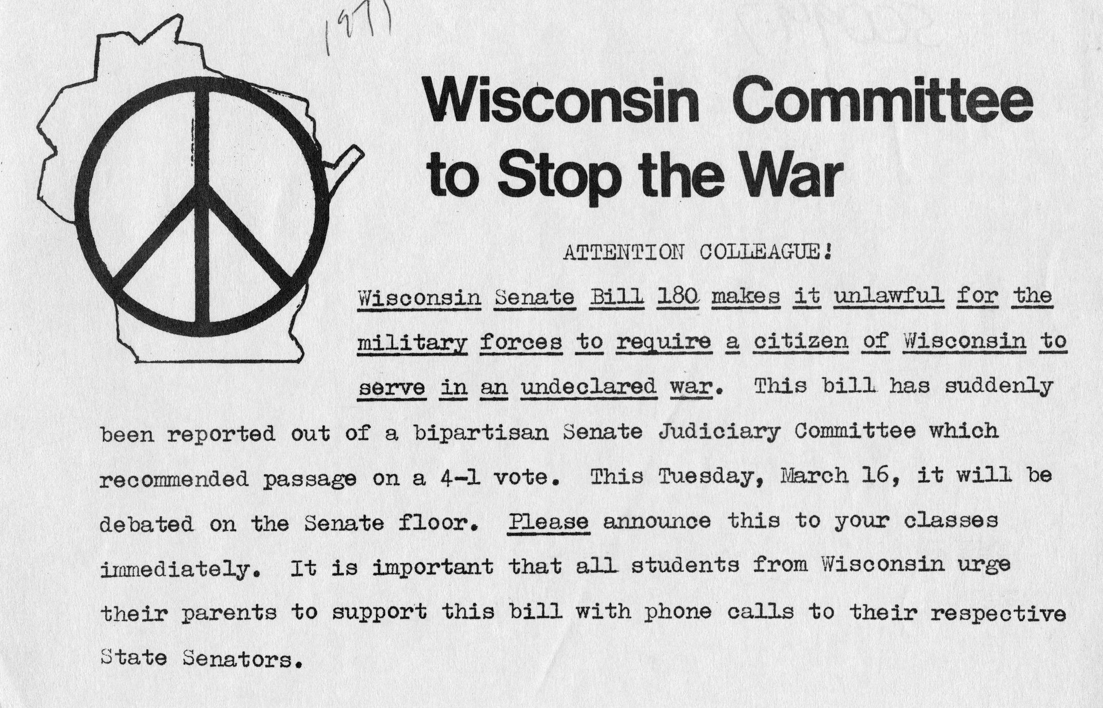 Wisconsin Committee to Stop the War flier